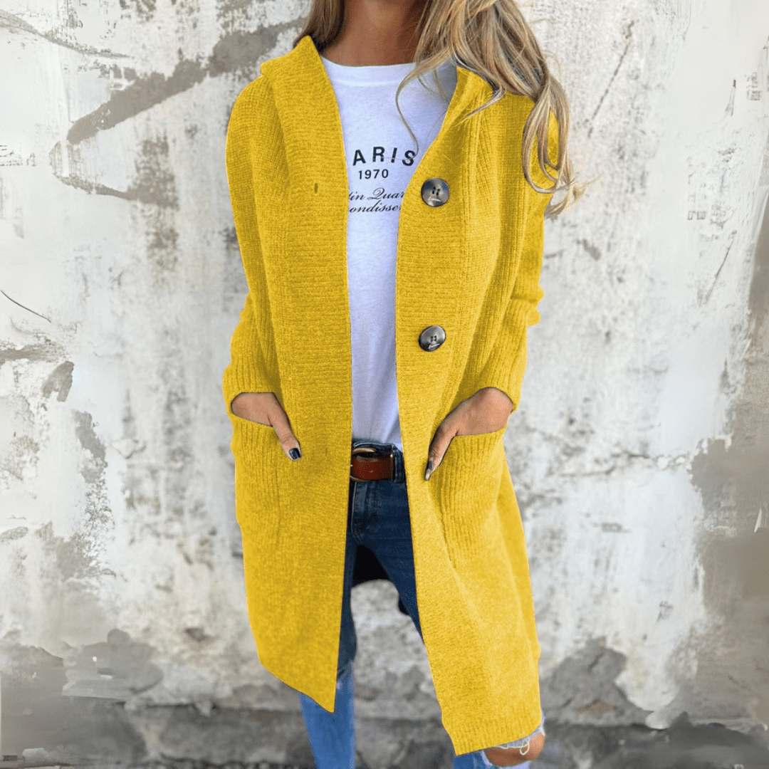Women's Long Ribbed Knit Cardigan with Stand Collar and Button Front
