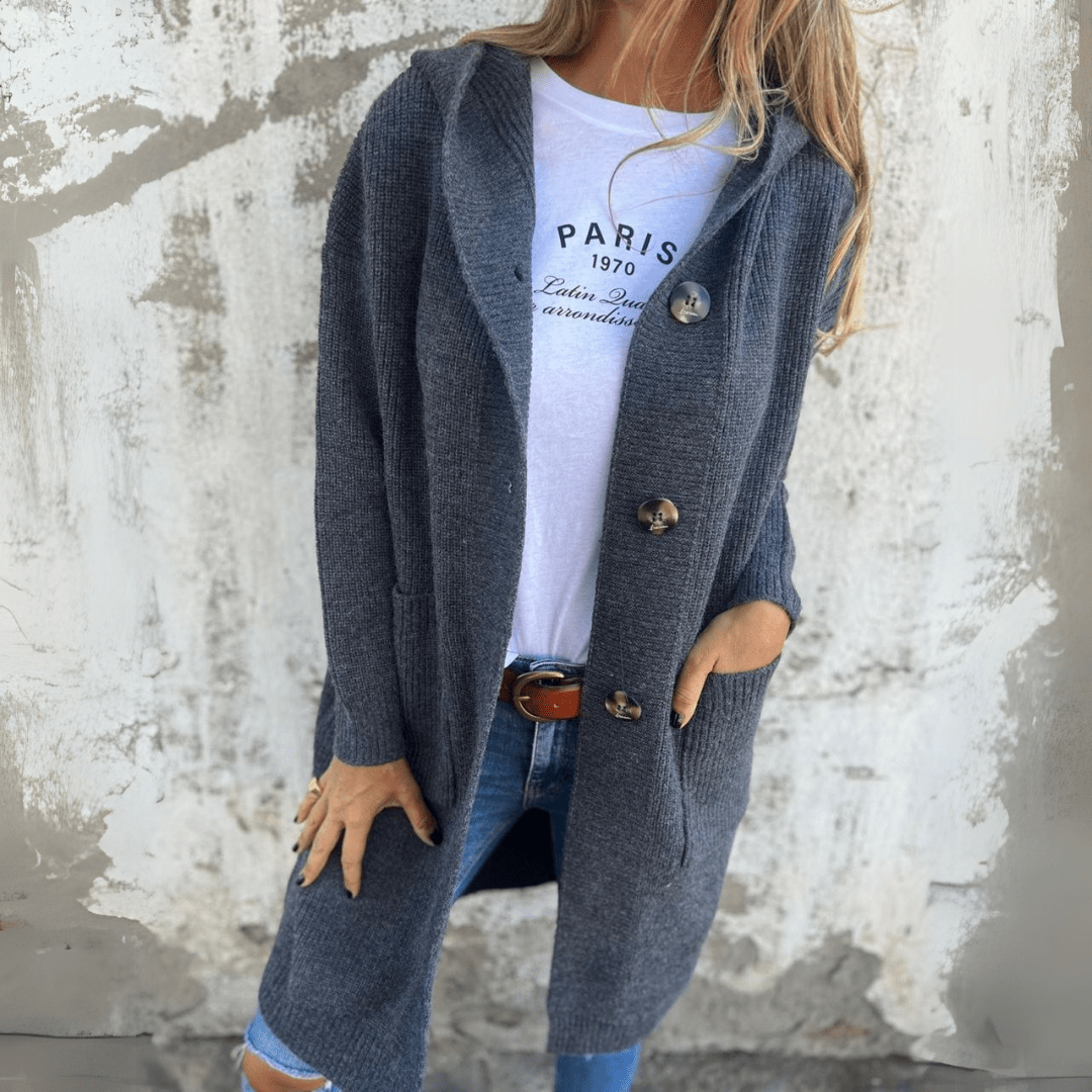 Women's Long Ribbed Knit Cardigan with Stand Collar and Button Front