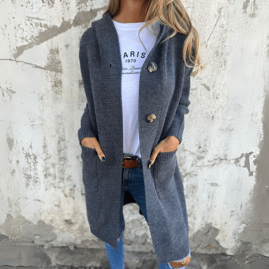 Women's Long Ribbed Knit Cardigan with Stand Collar and Button Front