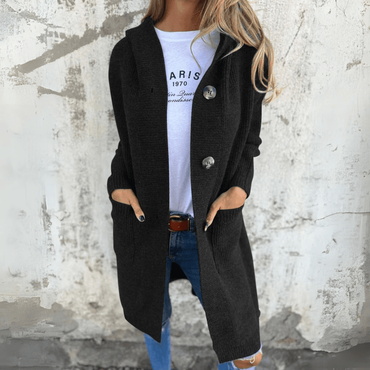 Women's Long Ribbed Knit Cardigan with Stand Collar and Button Front