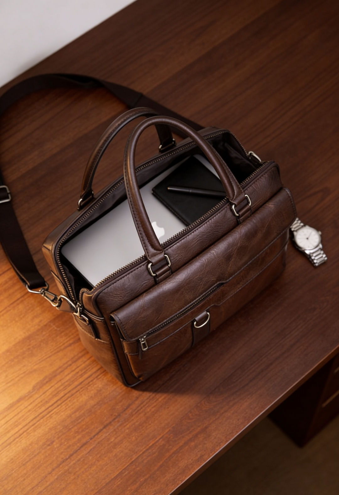 Zurich Brown Leather Briefcase Bag with Adjustable Shoulder Strap
