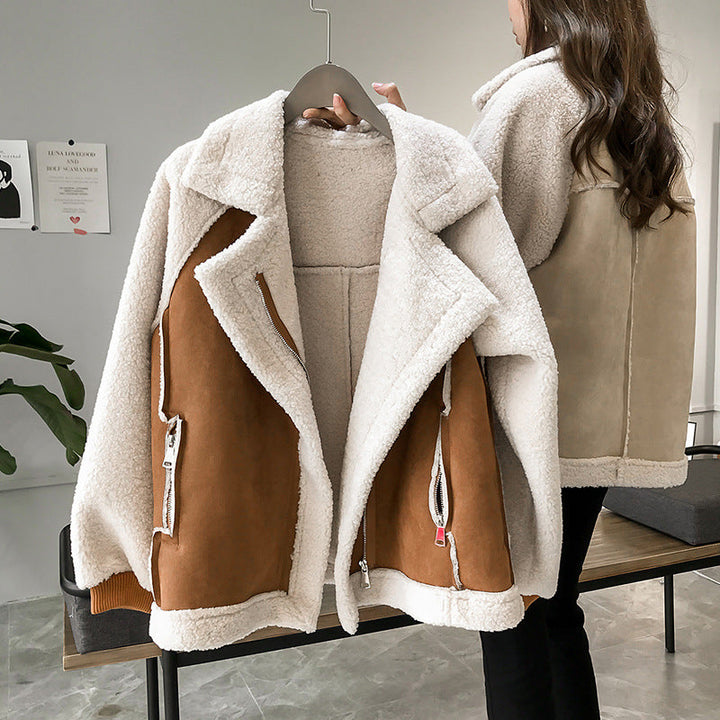 Women's Oversized Sherpa Lined Faux Suede Aviator Jacket with Asymmetric Zip