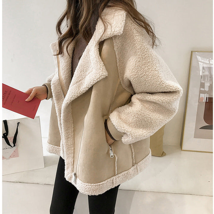 Women's Oversized Sherpa Lined Faux Suede Aviator Jacket with Asymmetric Zip