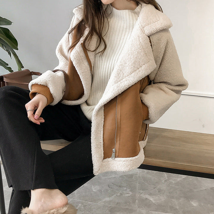 Women's Oversized Sherpa Lined Faux Suede Aviator Jacket with Asymmetric Zip