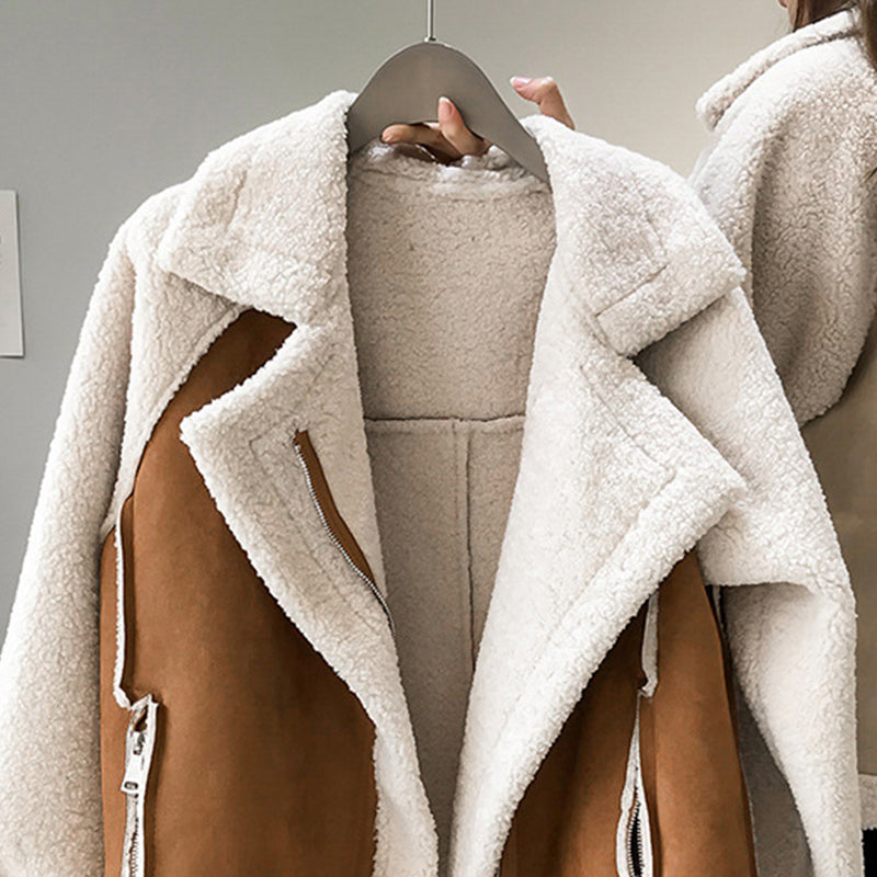 Women's Oversized Sherpa Lined Faux Suede Aviator Jacket with Asymmetric Zip