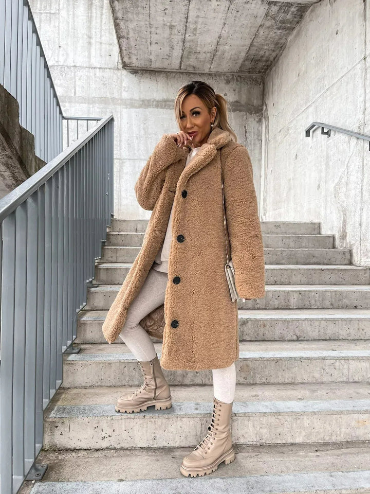 Women's Long Teddy Plush Coat in Camel with Button Front