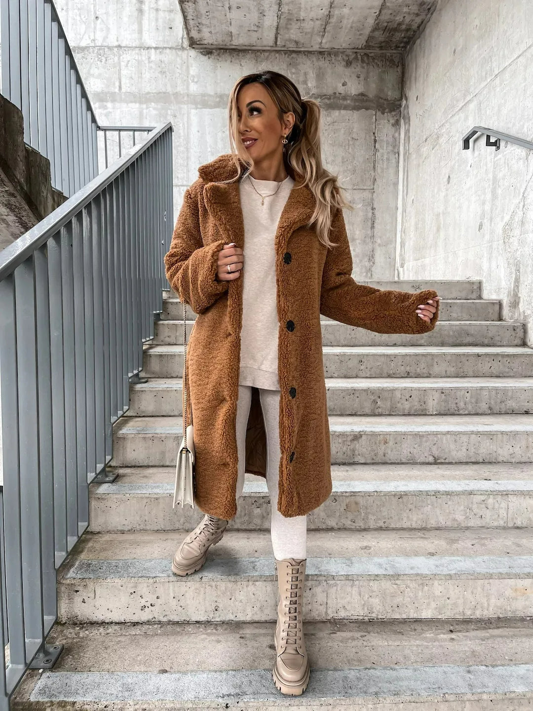Women's Long Teddy Plush Coat in Camel with Button Front