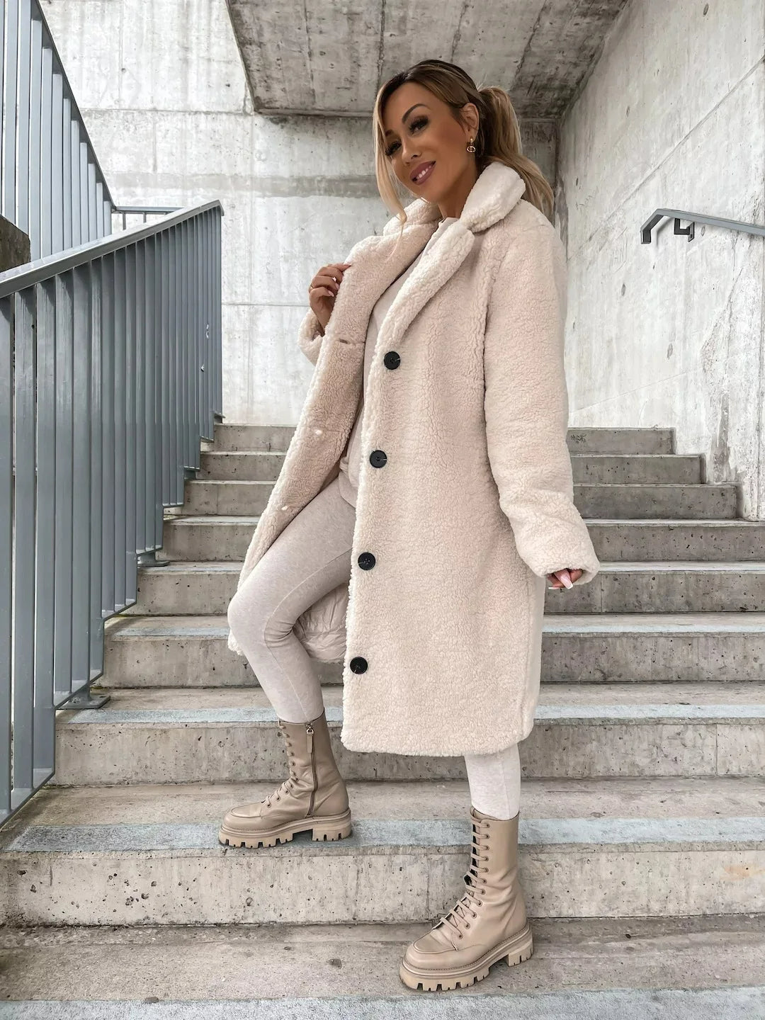 Women's Long Teddy Plush Coat in Camel with Button Front