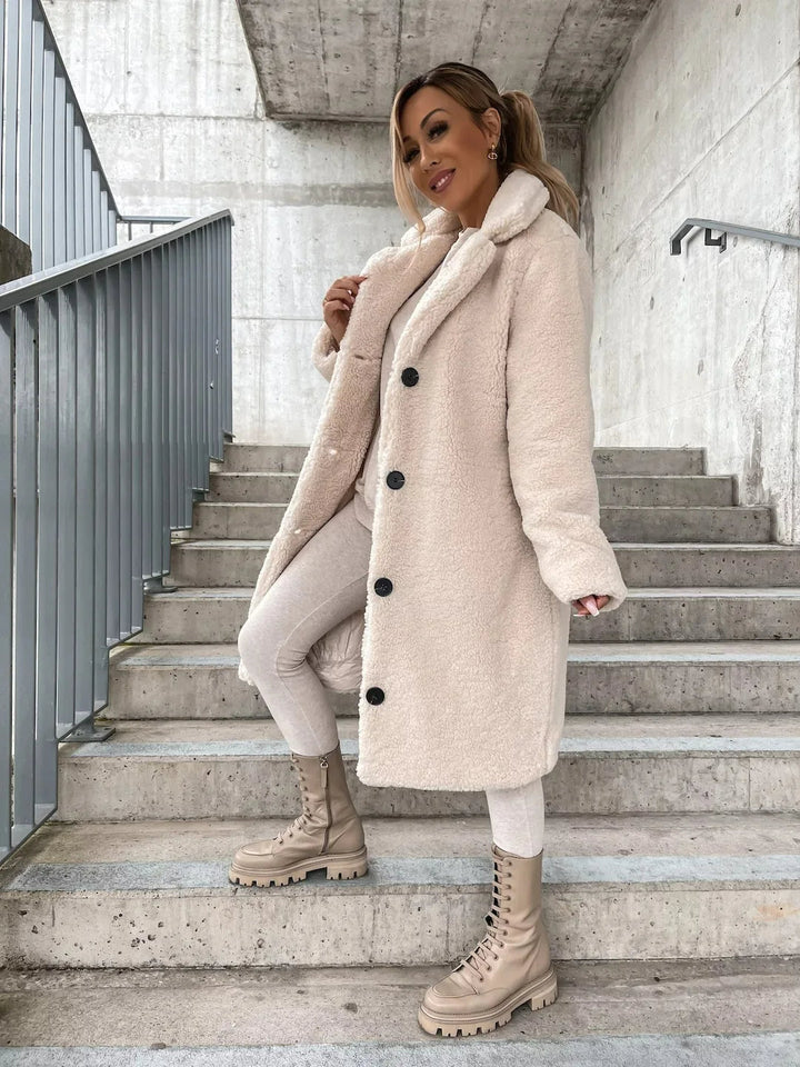 Women's Long Teddy Plush Coat in Camel with Button Front