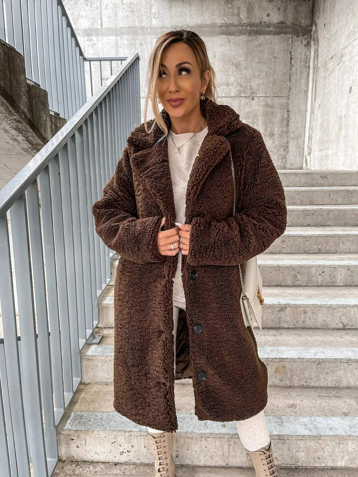 Women's Long Teddy Plush Coat in Camel with Button Front