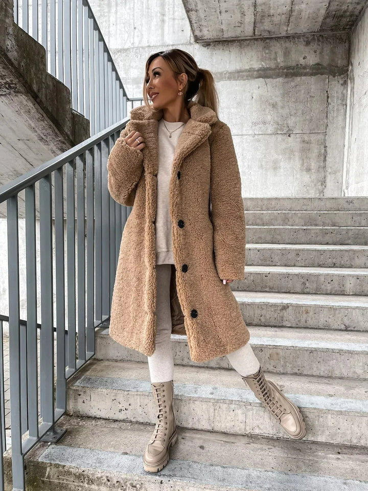 Women's Long Teddy Plush Coat in Camel with Button Front