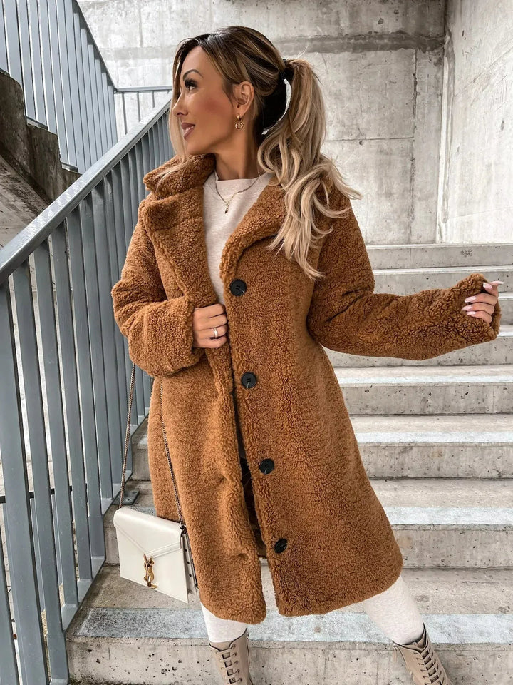Women's Long Teddy Plush Coat in Camel with Button Front