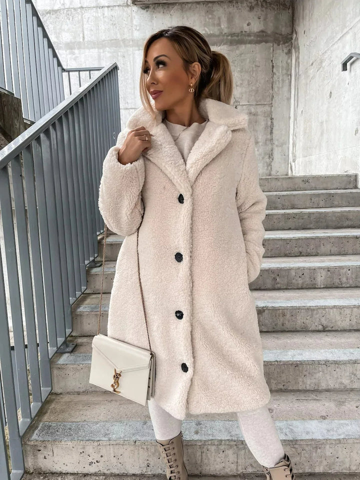 Women's Long Teddy Plush Coat in Camel with Button Front