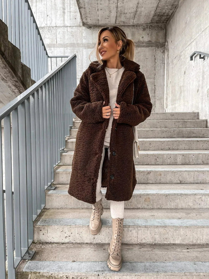 Women's Long Teddy Plush Coat in Camel with Button Front