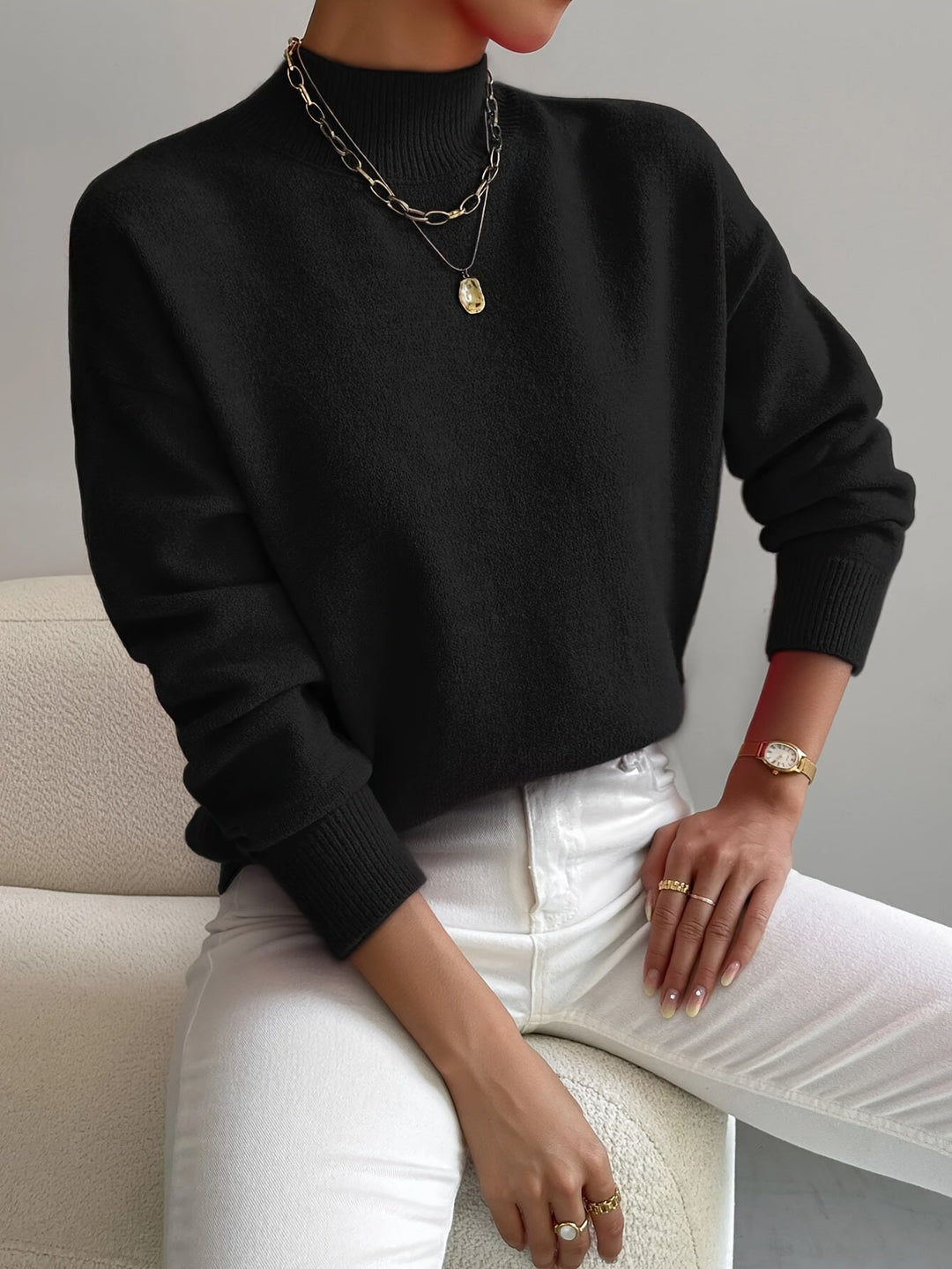 Women's Classic Mock Turtleneck Knit Sweater in Sage Green