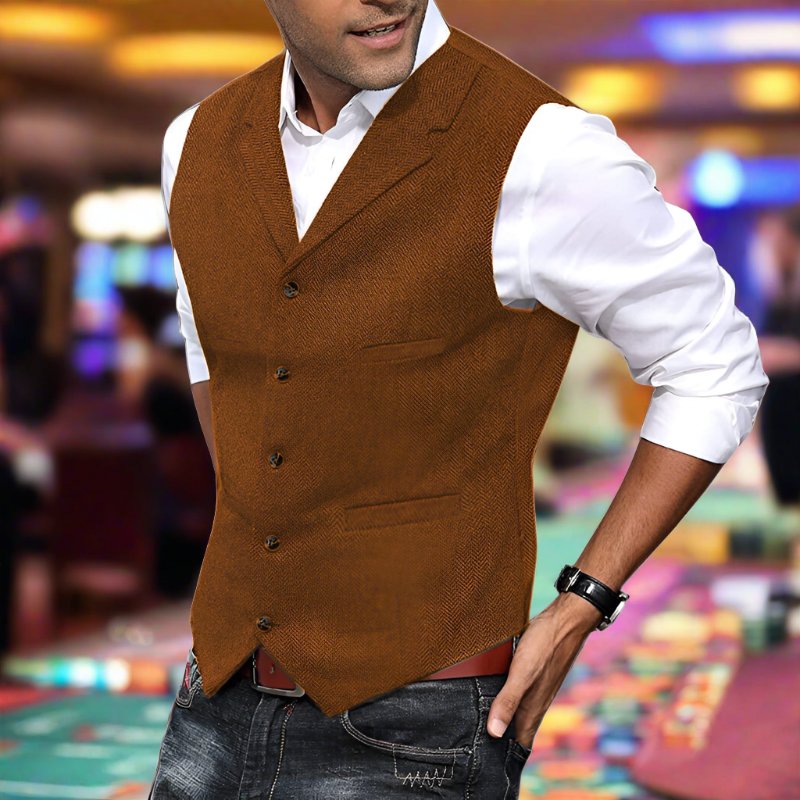 Men's Herringbone Suit Vest with Notch Lapel and Button Front in Red