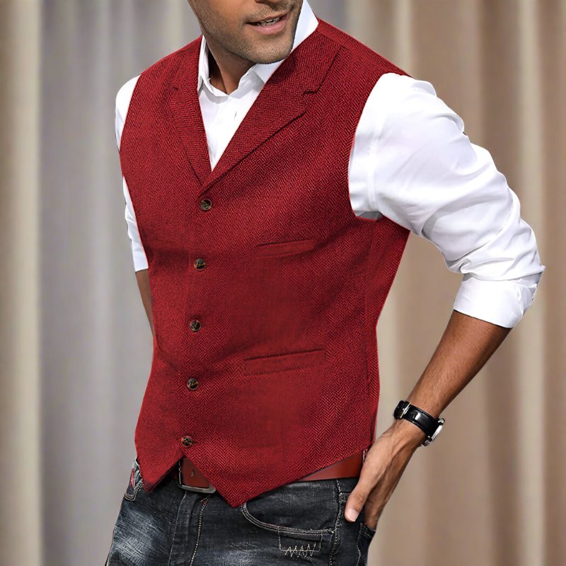 Men's Herringbone Suit Vest with Notch Lapel and Button Front in Red