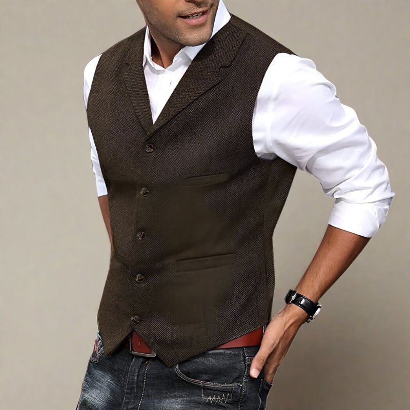 Men's Herringbone Suit Vest with Notch Lapel and Button Front in Red