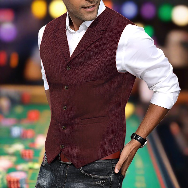 Men's Herringbone Suit Vest with Notch Lapel and Button Front in Red