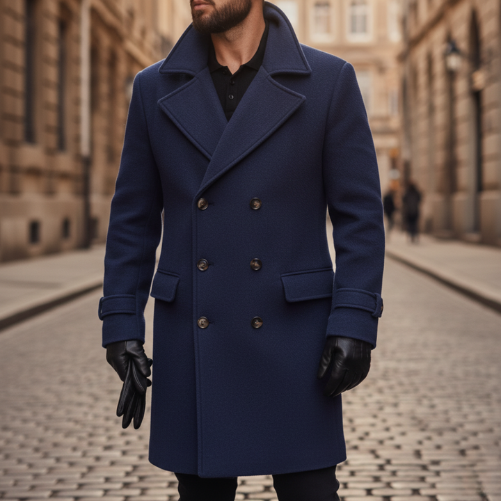 Men's Navy Blue Double-Breasted Wool Blend Overcoat with Notch Lapels