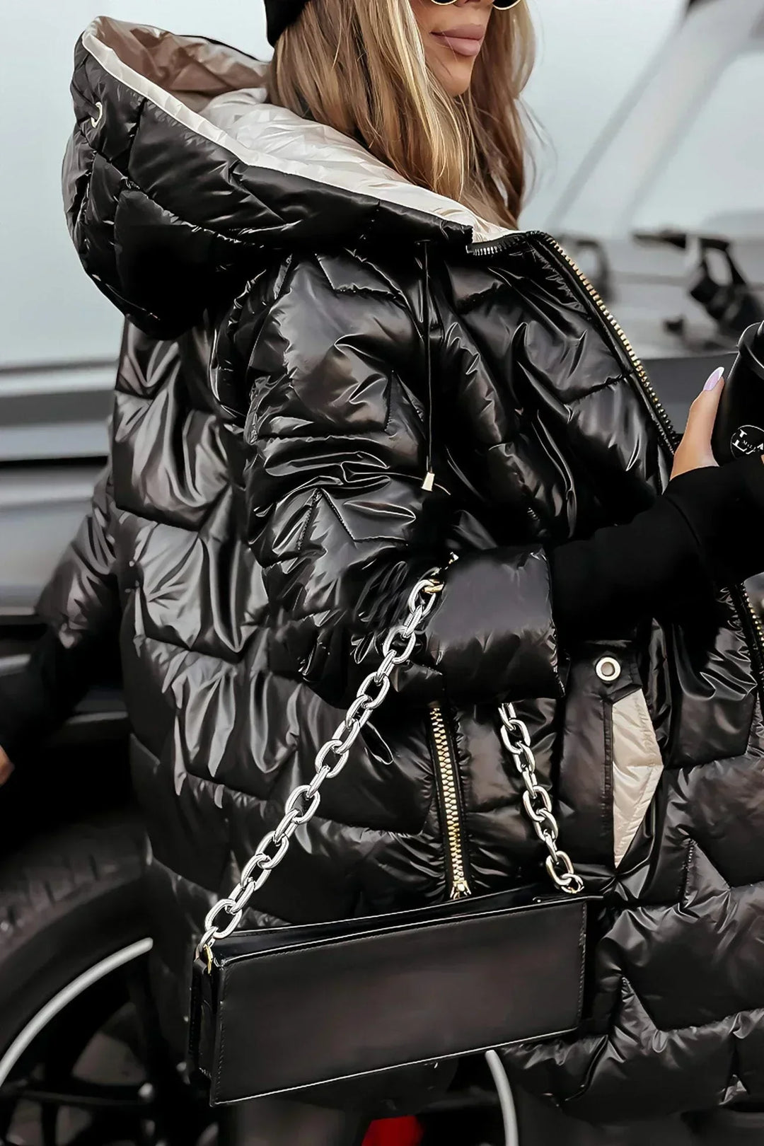 Women's Quilted Hooded Puffer Coat with Zip Front in Champagne Gold