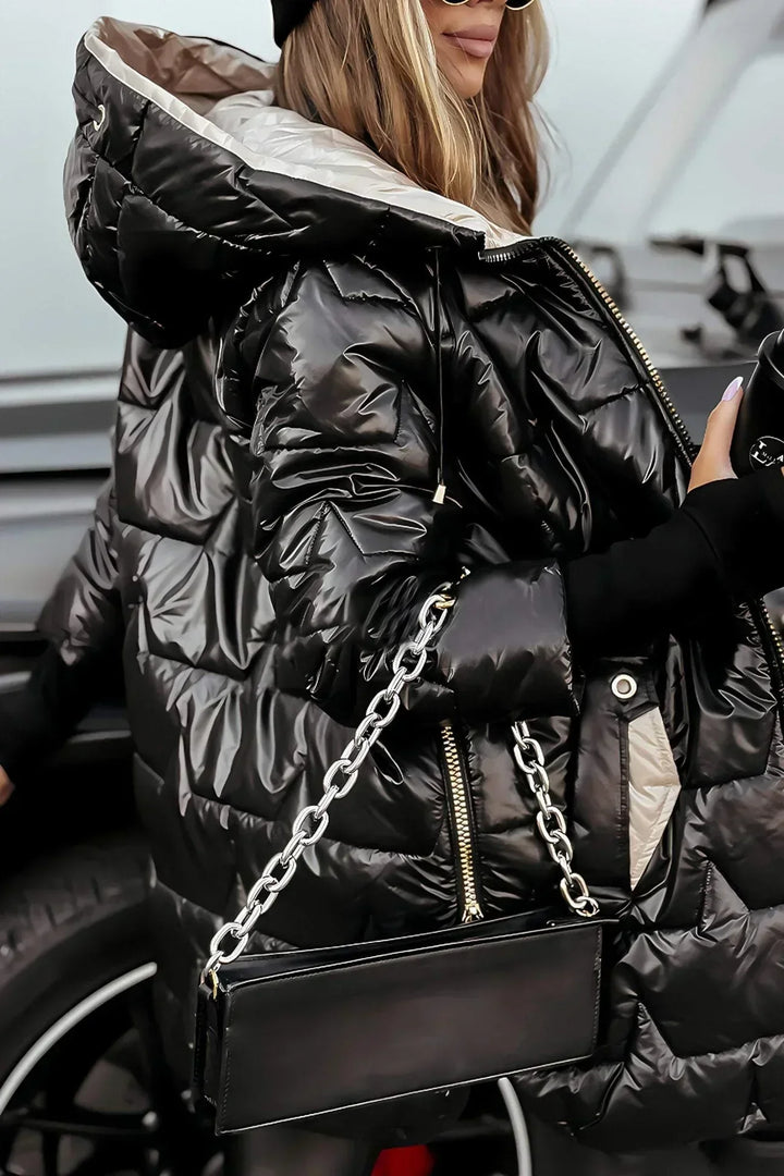 Women's Quilted Hooded Puffer Coat with Zip Front in Champagne Gold