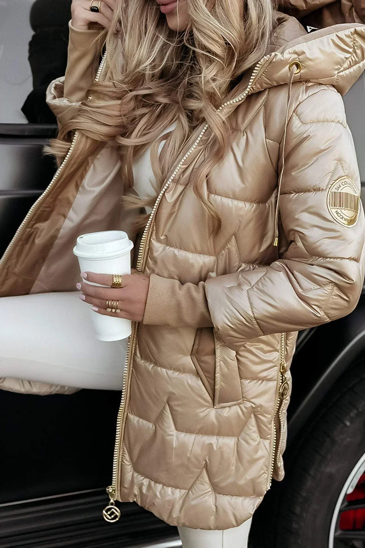 Women's Quilted Hooded Puffer Coat with Zip Front in Champagne Gold