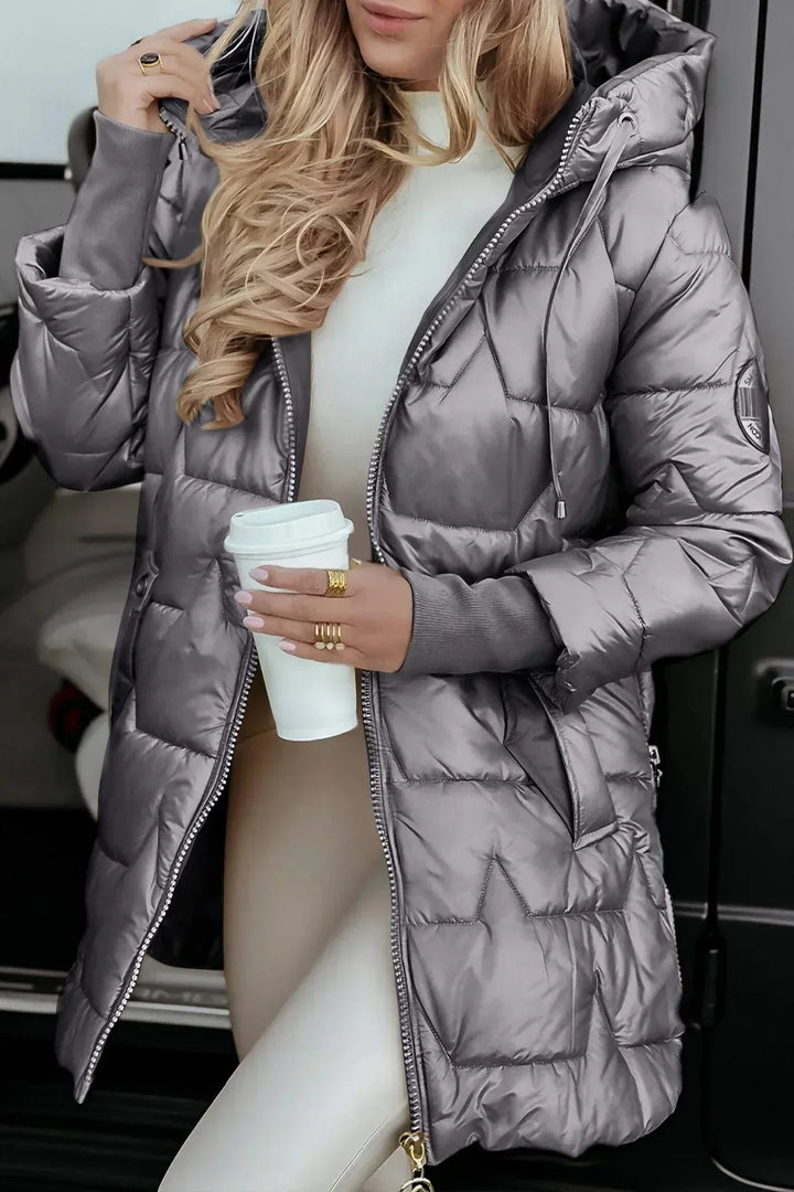 Women's Quilted Hooded Puffer Coat with Zip Front in Champagne Gold