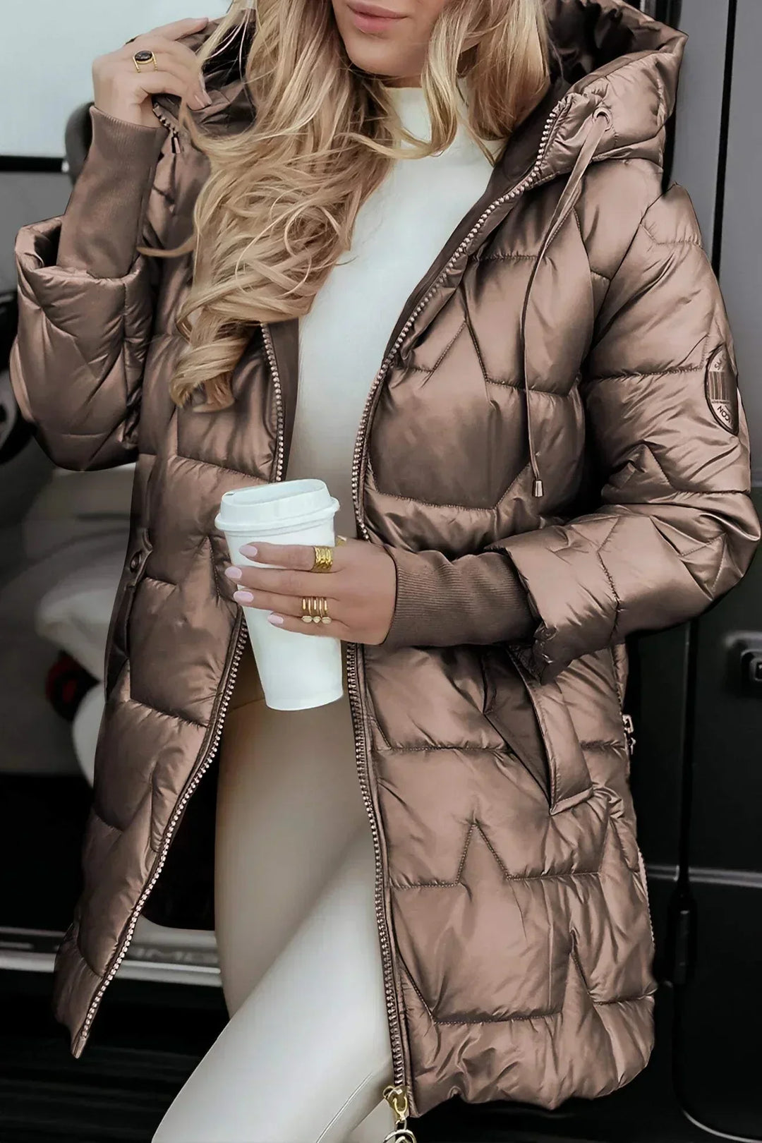Women's Quilted Hooded Puffer Coat with Zip Front in Champagne Gold