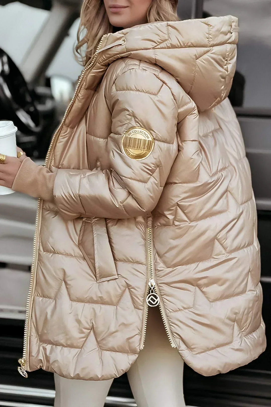 Women's Quilted Hooded Puffer Coat with Zip Front in Champagne Gold