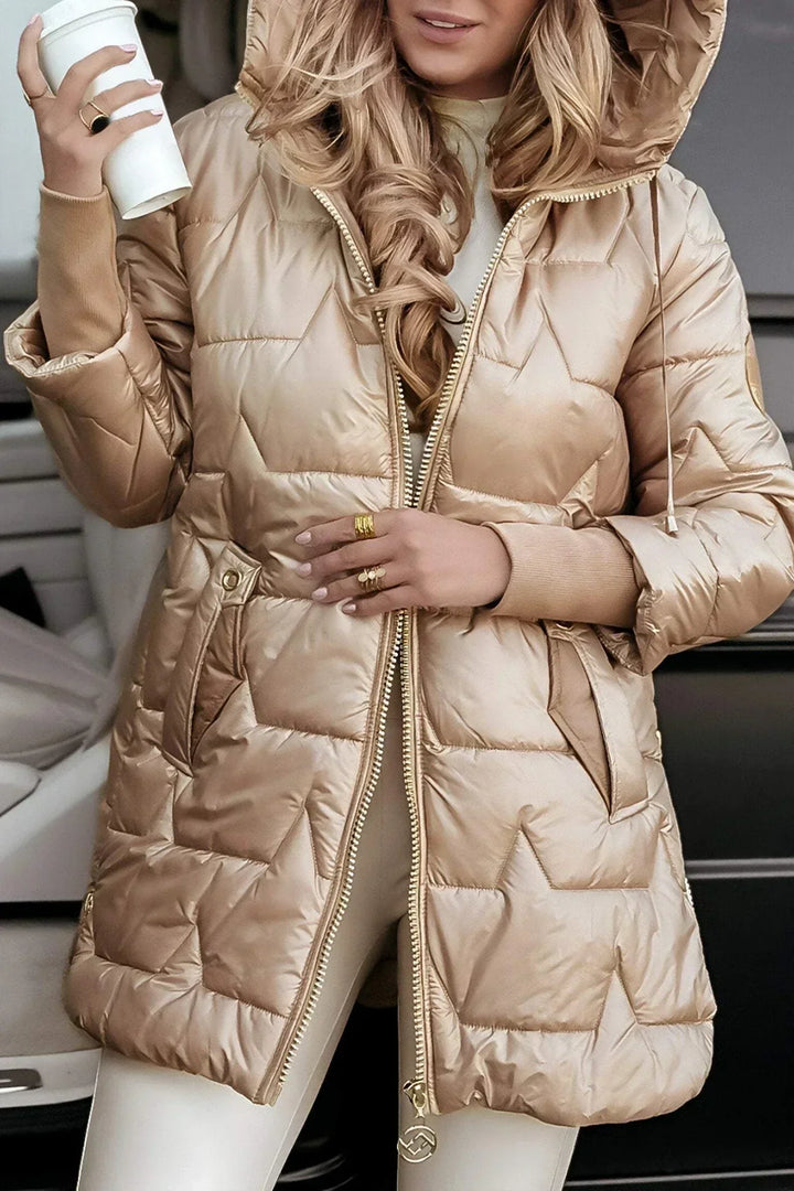 Women's Quilted Hooded Puffer Coat with Zip Front in Champagne Gold