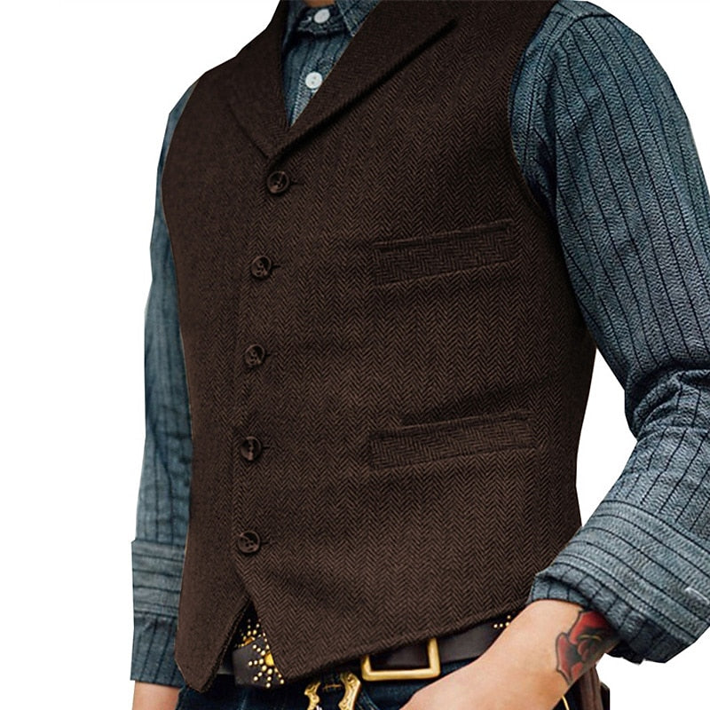 Beckett Men's Herringbone Single-Breasted Tweed Vest with Notch Lapel