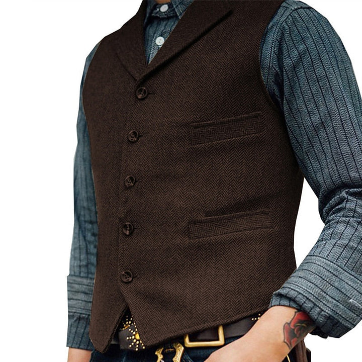 Beckett Men's Herringbone Single-Breasted Tweed Vest with Notch Lapel