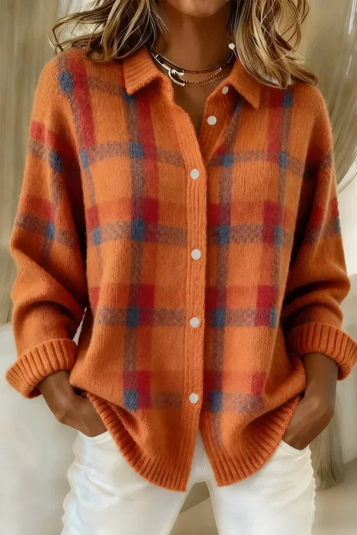 Women's Plaid Button-Front Knit Cardigan in Blue and Orange