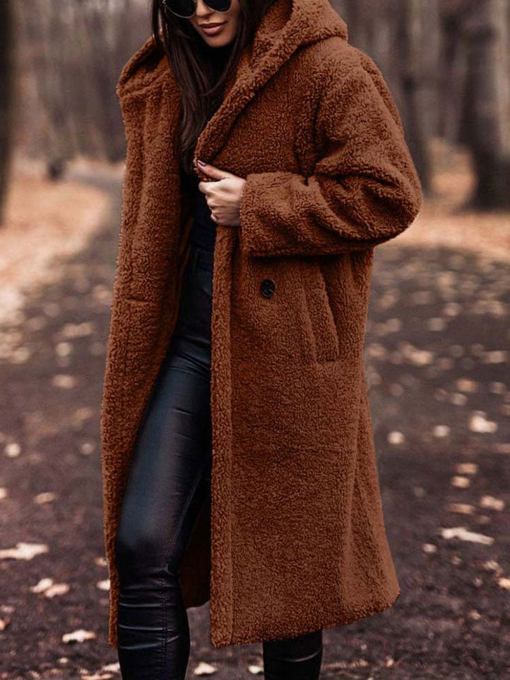 Women's Oversized Teddy Coat with Notch Collar and Deep Front Pockets