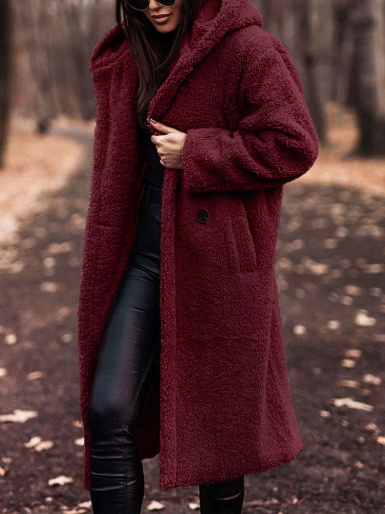 Women's Oversized Teddy Coat with Notch Collar and Deep Front Pockets