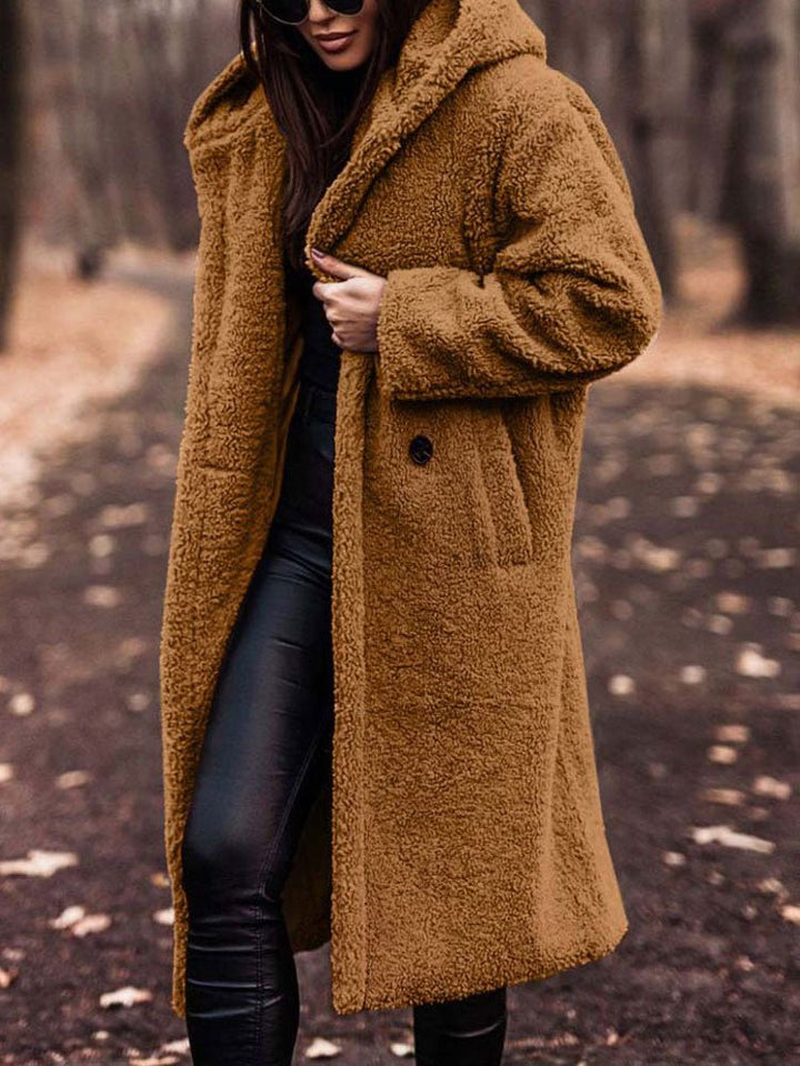 Women's Oversized Teddy Coat with Notch Collar and Deep Front Pockets