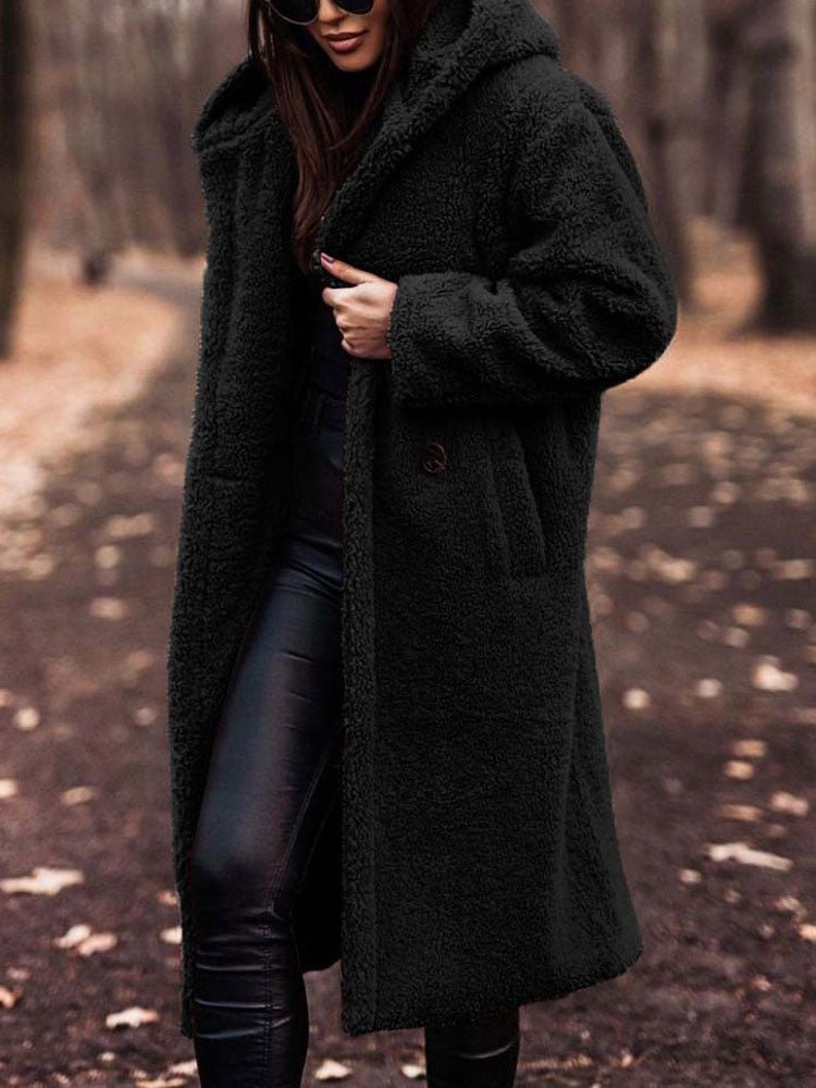 Women's Oversized Teddy Coat with Notch Collar and Deep Front Pockets