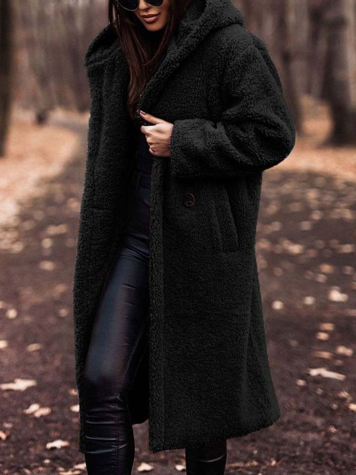 Women's Oversized Teddy Coat with Notch Collar and Deep Front Pockets