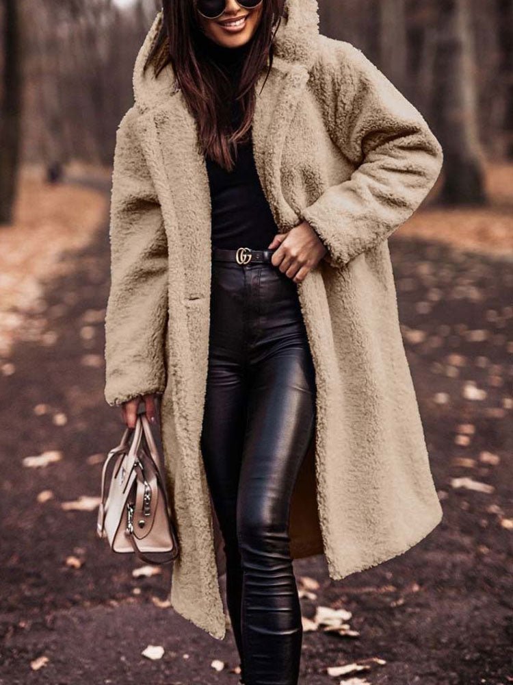 Women's Oversized Teddy Coat with Notch Collar and Deep Front Pockets