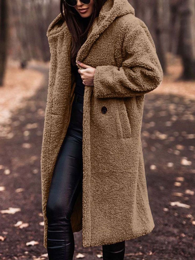 Women's Oversized Teddy Coat with Notch Collar and Deep Front Pockets