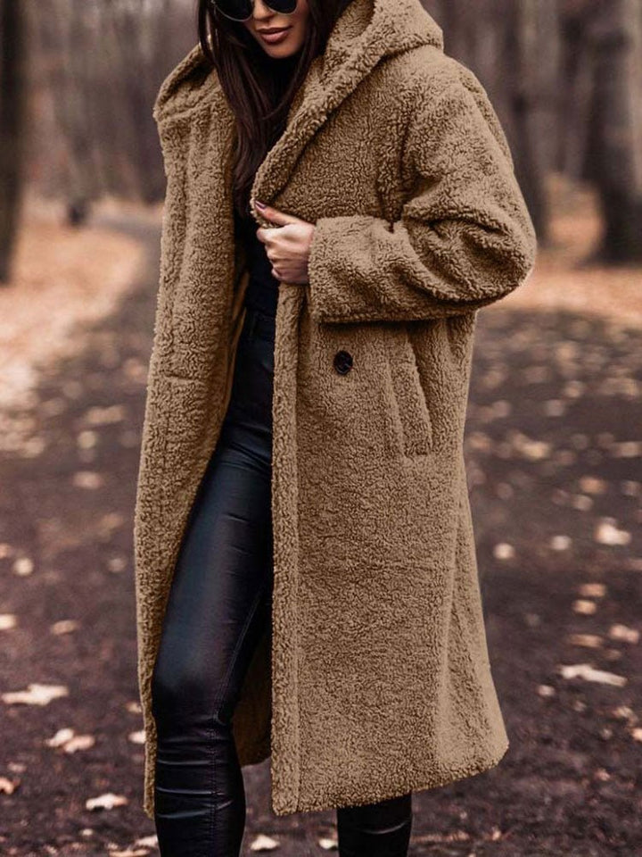 Women's Oversized Teddy Coat with Notch Collar and Deep Front Pockets
