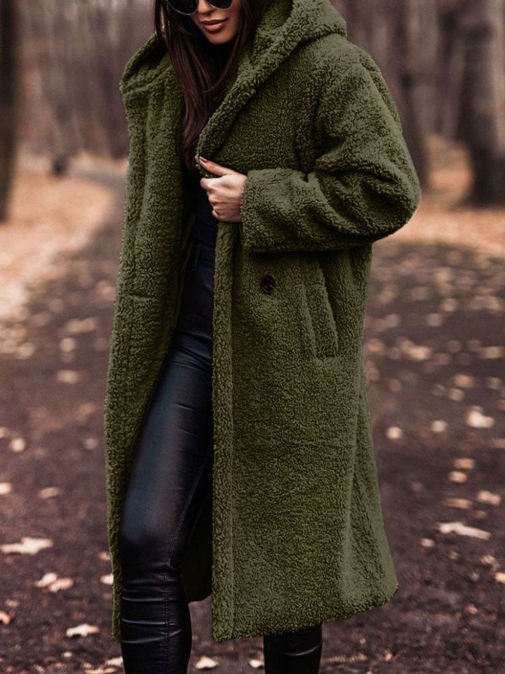 Women's Oversized Teddy Coat with Notch Collar and Deep Front Pockets