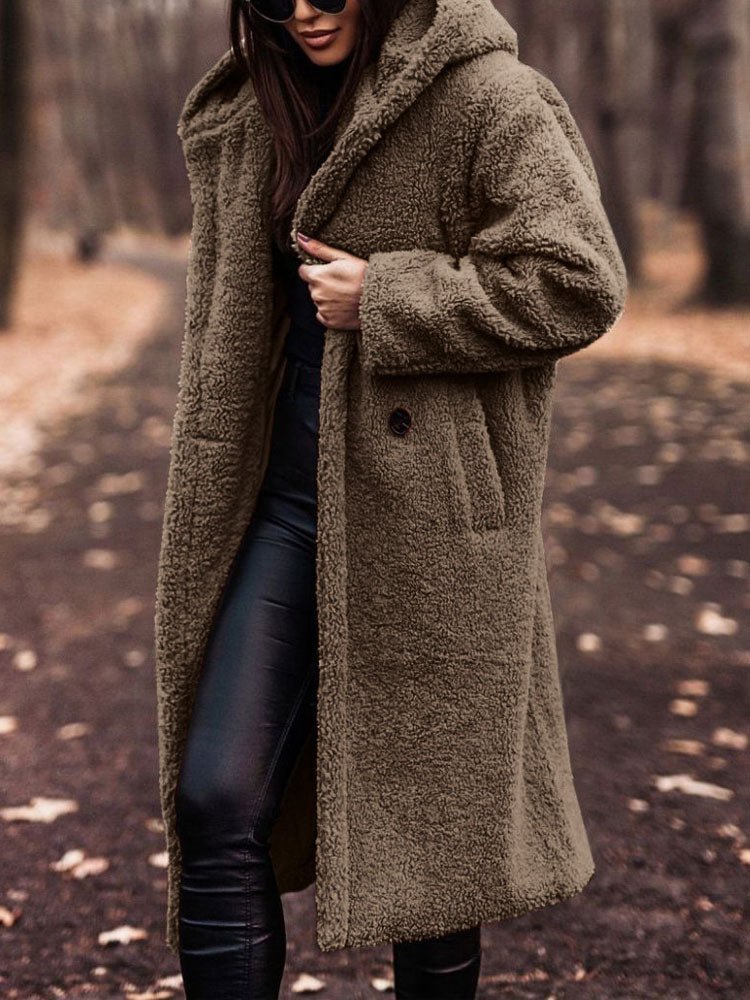 Women's Oversized Teddy Coat with Notch Collar and Deep Front Pockets
