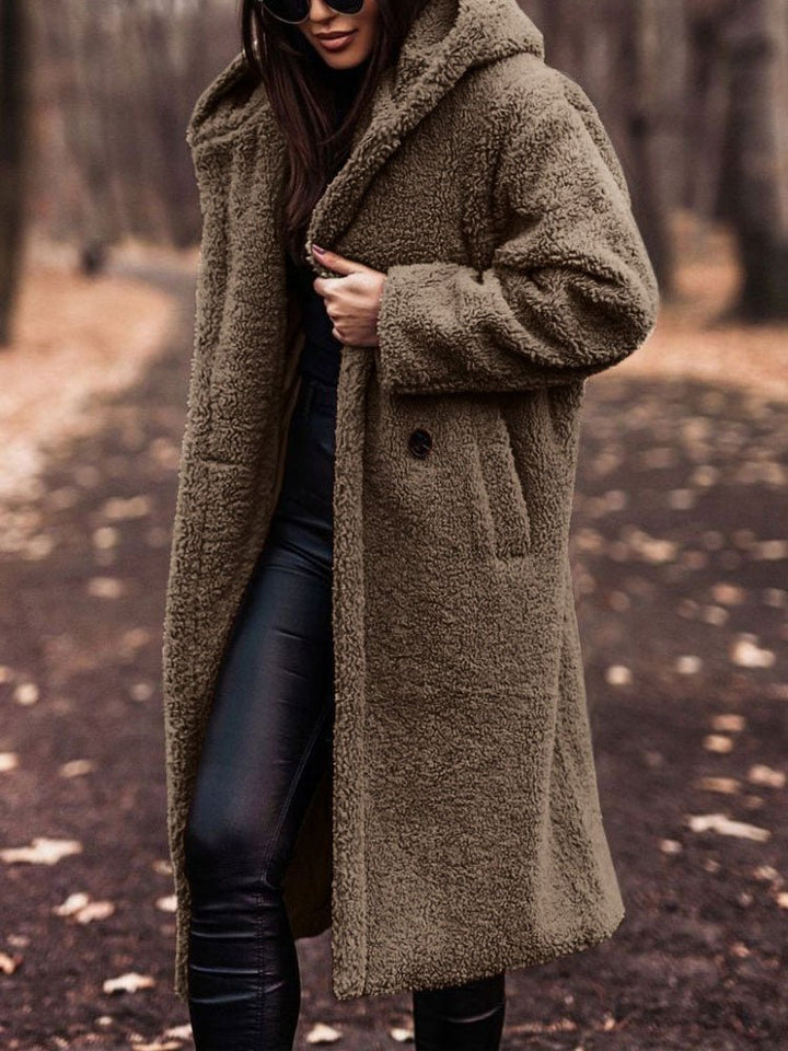 Women's Oversized Teddy Coat with Notch Collar and Deep Front Pockets