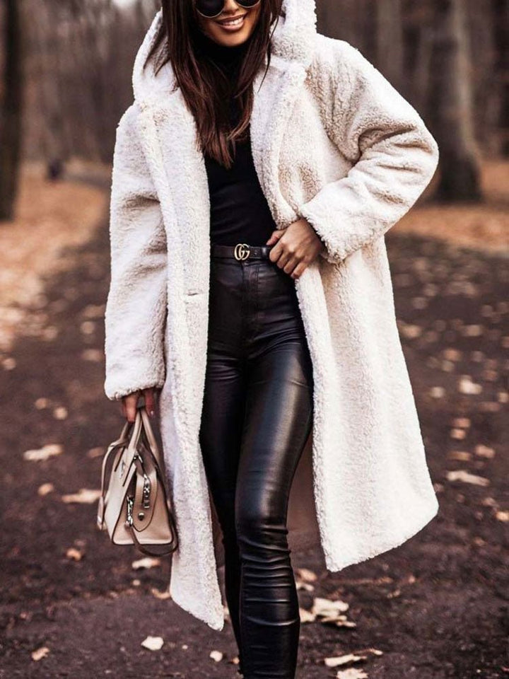 Women's Oversized Teddy Coat with Notch Collar and Deep Front Pockets