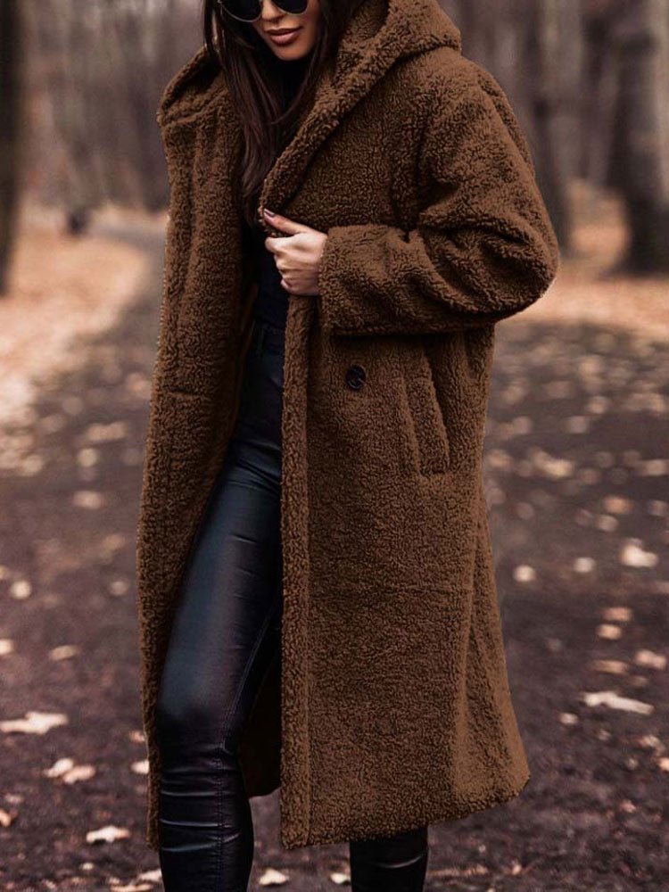 Women's Oversized Teddy Coat with Notch Collar and Deep Front Pockets