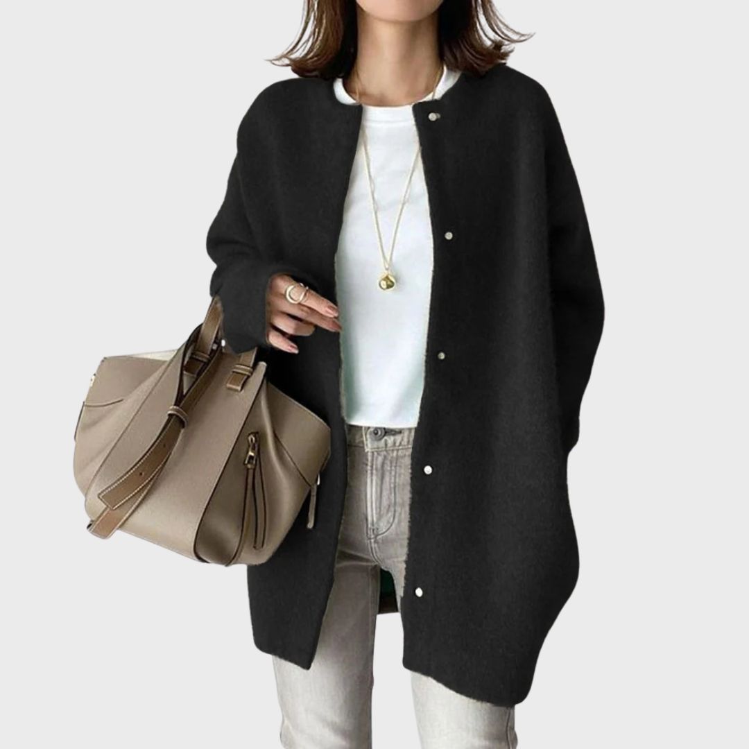 Women's Longline Knit Cardigan with Snap-Button Front and Round Neckline