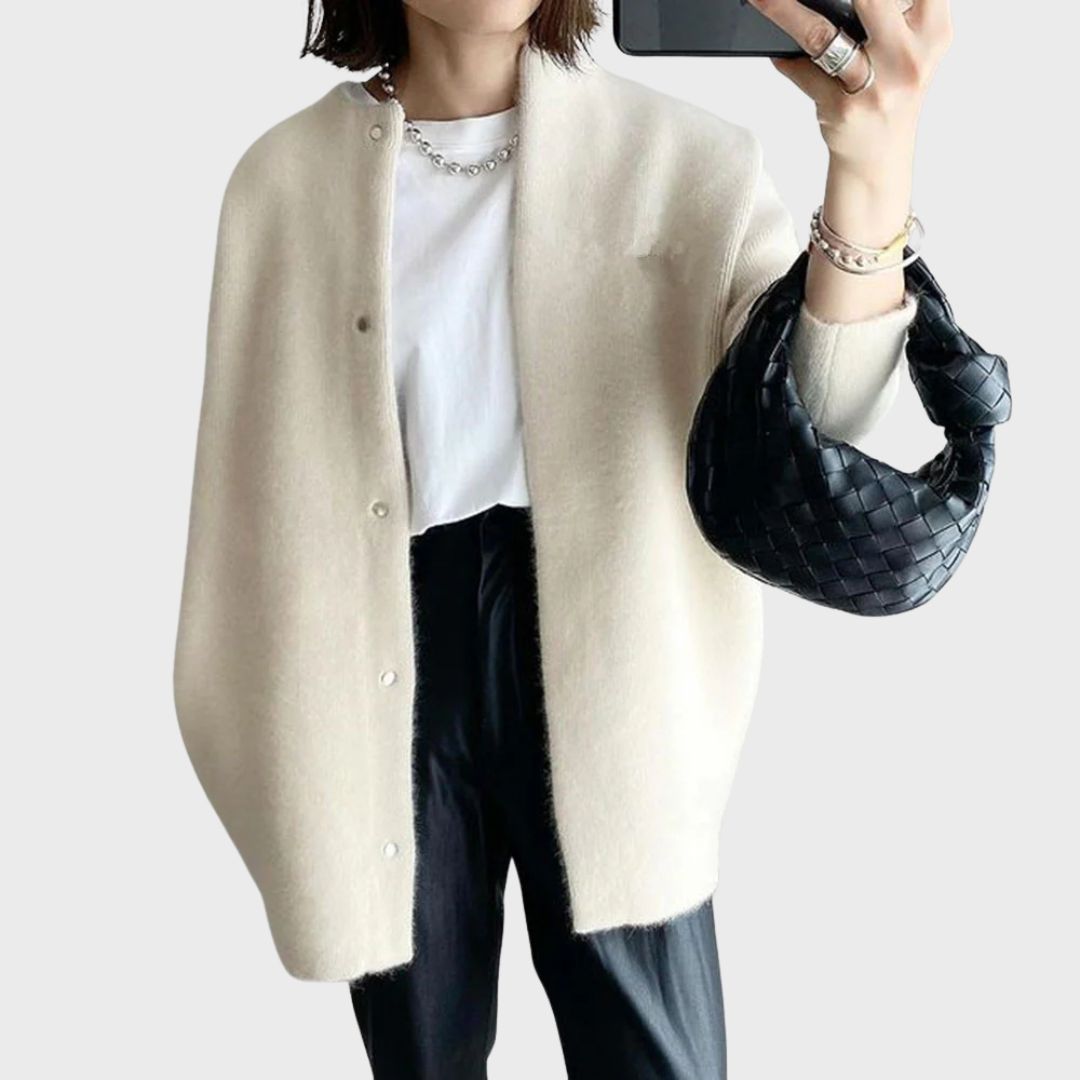 Women's Longline Knit Cardigan with Snap-Button Front and Round Neckline