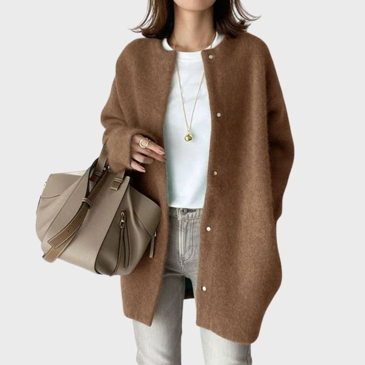 Women's Longline Knit Cardigan with Snap-Button Front and Round Neckline
